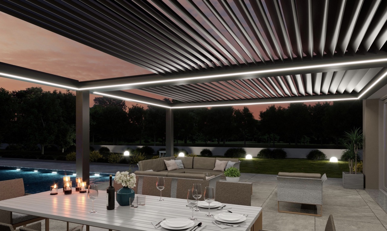 Bioclimatic pergola with integrated LED lighting
